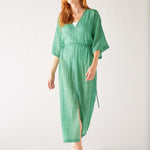 Women's Sea Green Lightweight Breathable Cinch Waist front Slit Wide Elbow Length sleeves Breezy Kaftan Dress Front View