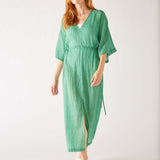 Women's Sea Green Lightweight Breathable Cinch Waist front Slit Wide Elbow Length sleeves Breezy Kaftan Dress Front View