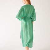 Women's Sea Green Lightweight Breathable Cinch Waist front Slit Wide Elbow Length sleeves Breezy Kaftan Dress Rear View