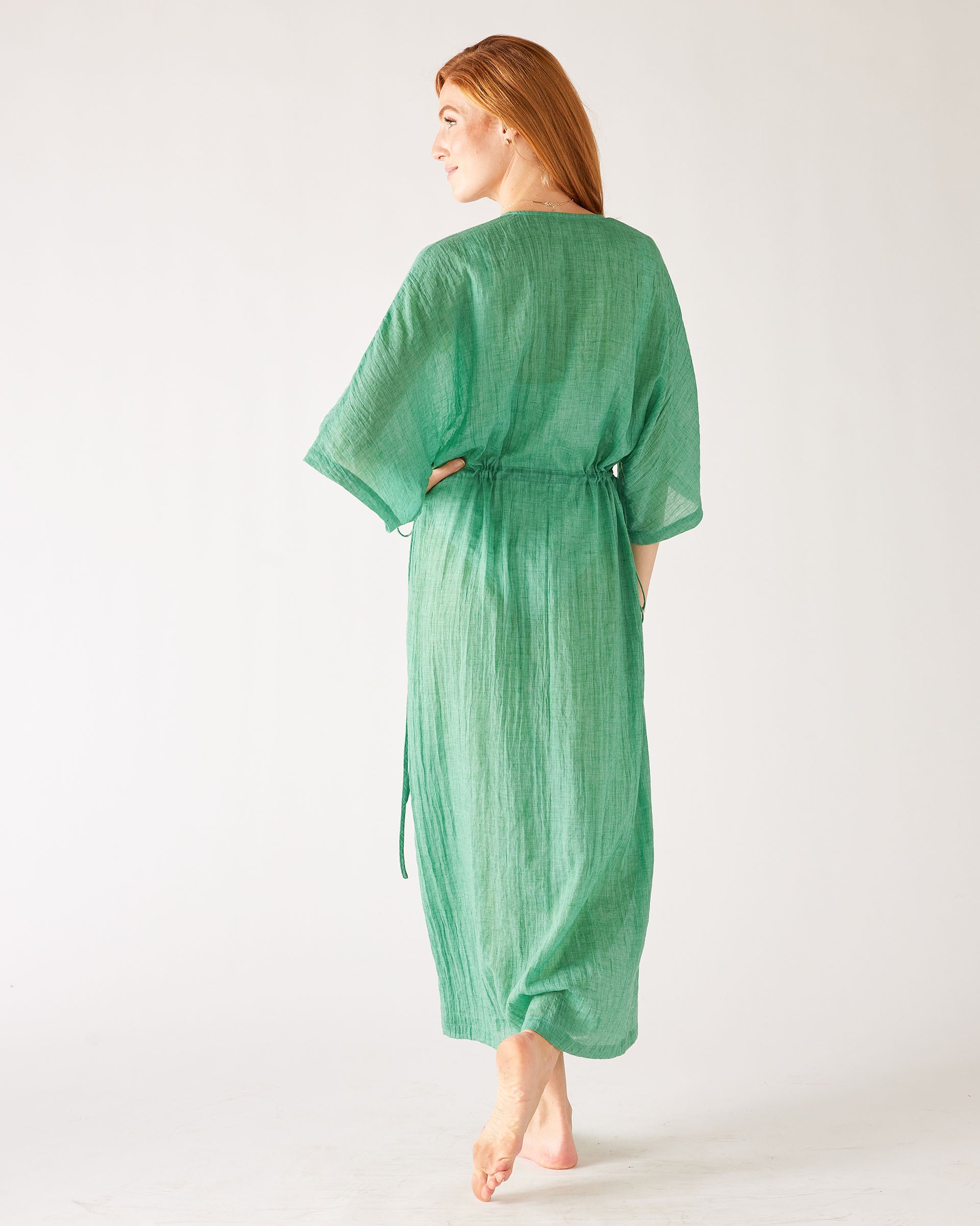 Women's Sea Green Lightweight Breathable Cinch Waist front Slit Wide Elbow Length sleeves Breezy Kaftan Dress Rear View