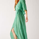 Women's Sea Green Lightweight Breathable Cinch Waist front Slit Wide Elbow Length sleeves Breezy Kaftan Dress Side View