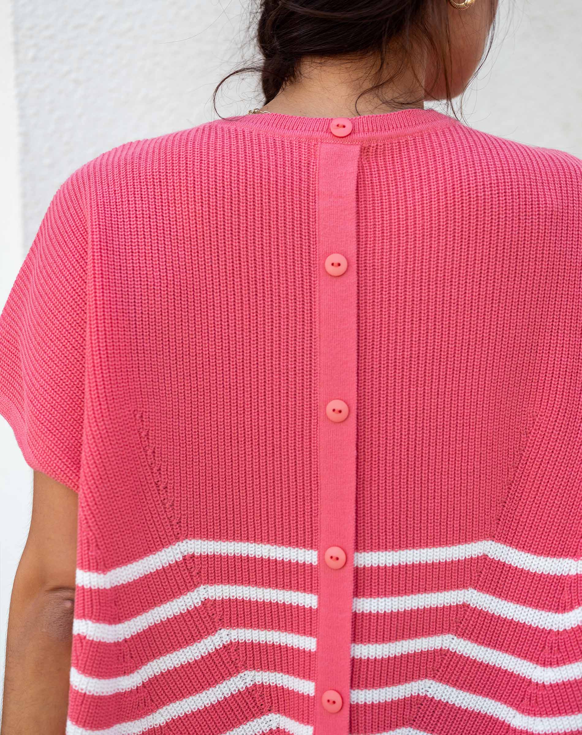 Women's Pink White Striped Short Sleeve One Sized Sweater