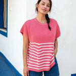 Women's Pink White Striped Short Sleeve One Sized Sweater