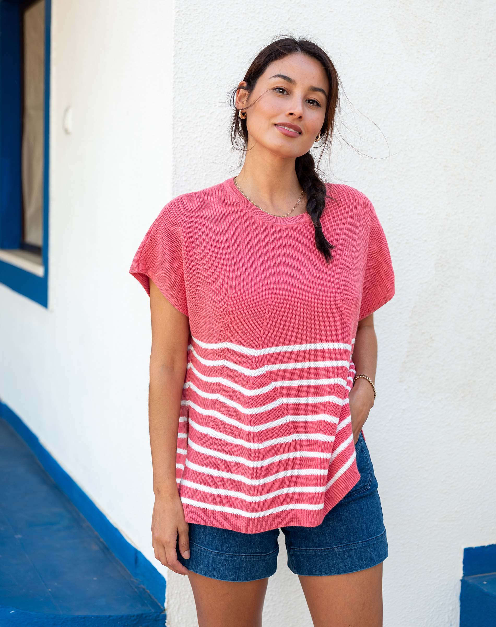 Women's Pink White Striped Short Sleeve One Sized Sweater