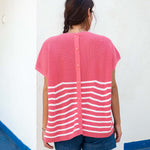 Women's Pink White Striped Short Sleeve One Sized Sweater