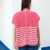 Women's Pink White Striped Short Sleeve One Sized Sweater