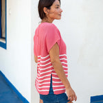 Women's Pink White Striped Short Sleeve One Sized Sweater