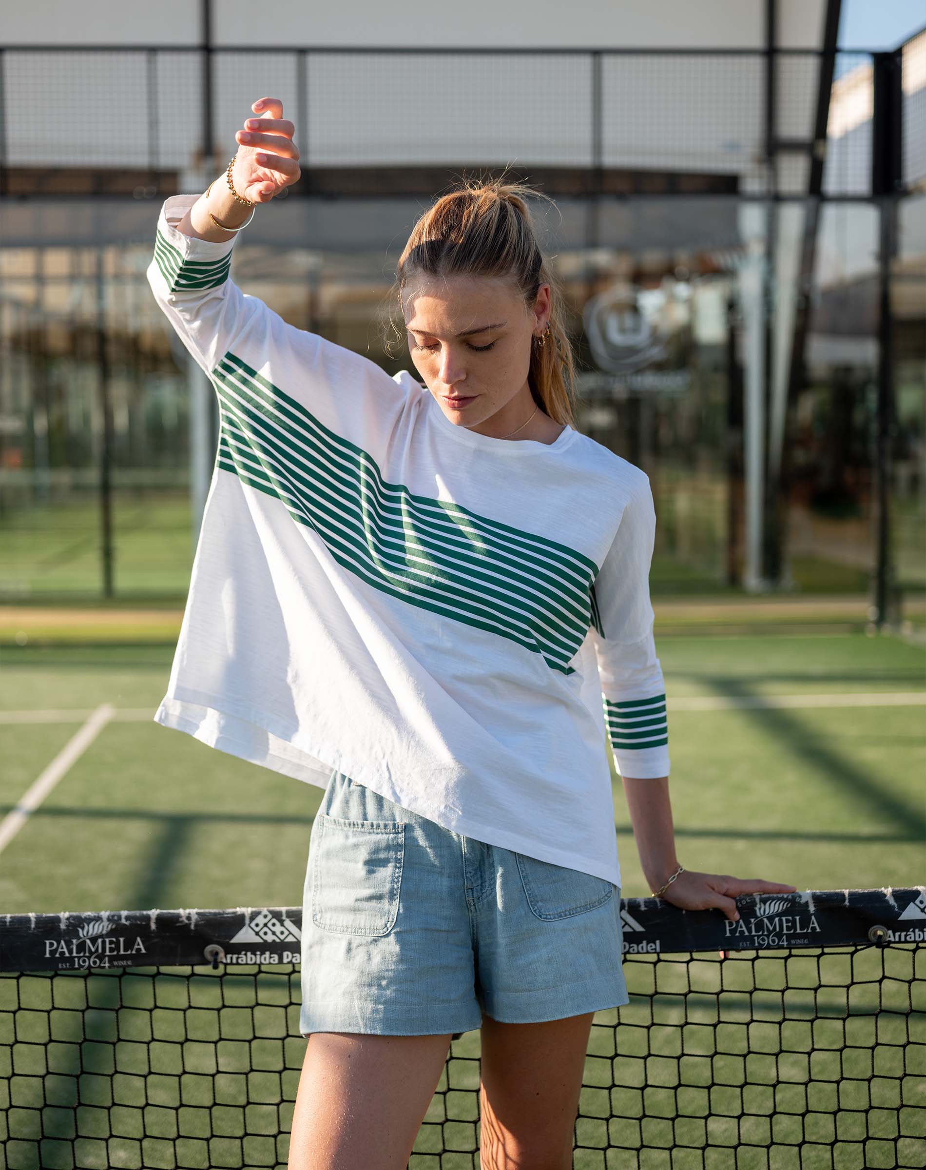 Women's Sporty Green Striped Slub Tee