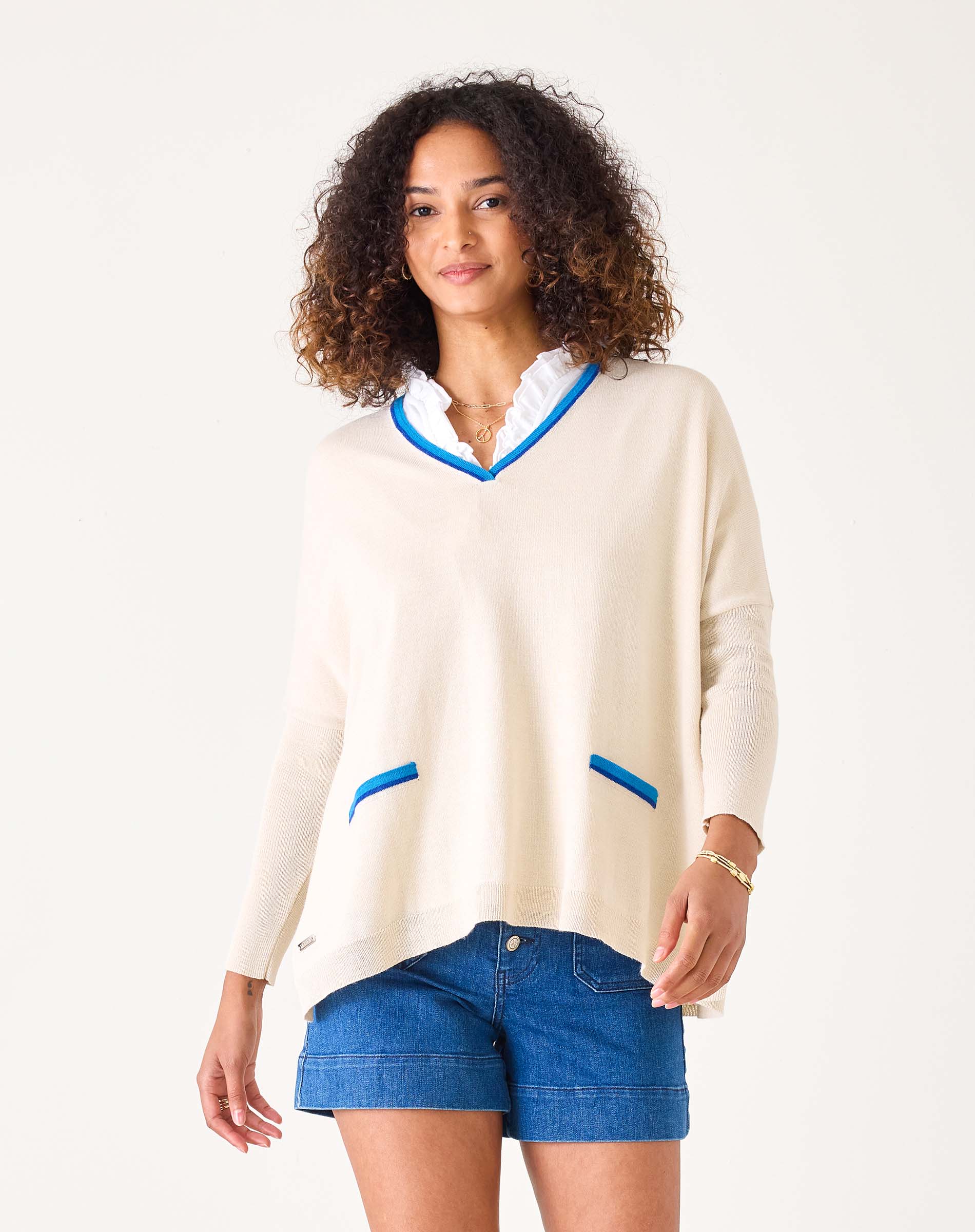 Women's Tan Blue Vneck Oversized Sweater With Details