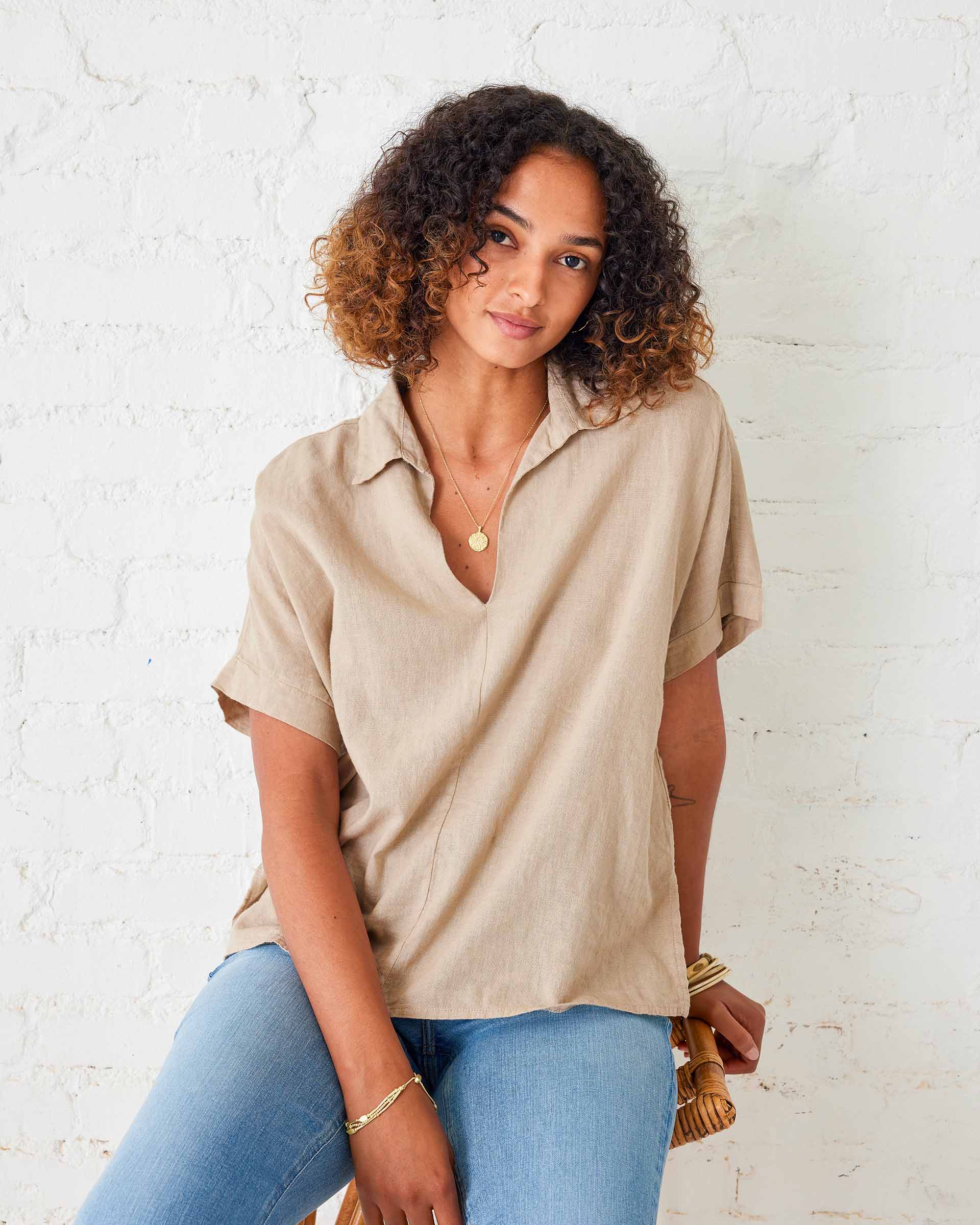 Women's Tan Collared Short Sleeve Top