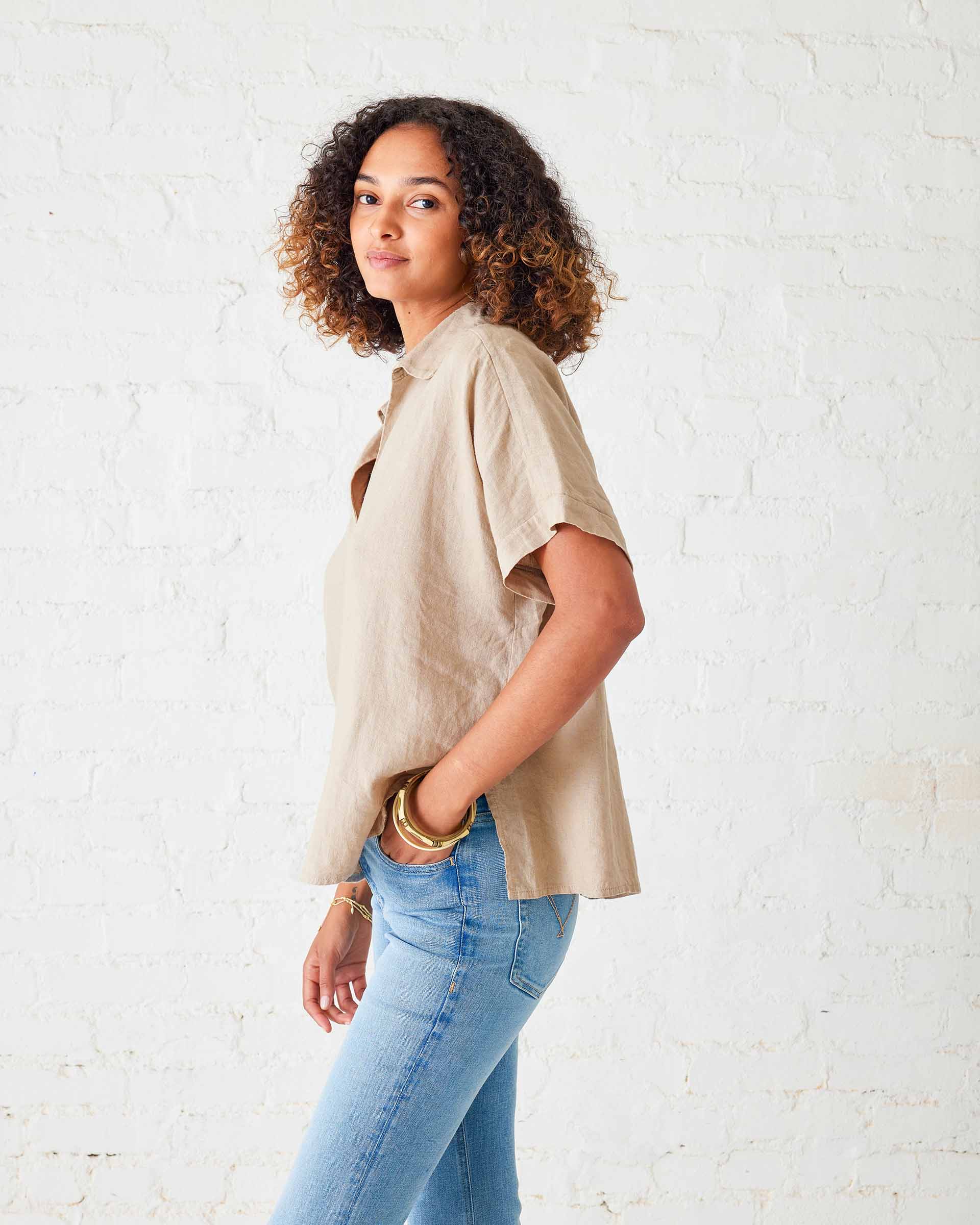 Women's Tan Collared Short Sleeve Top