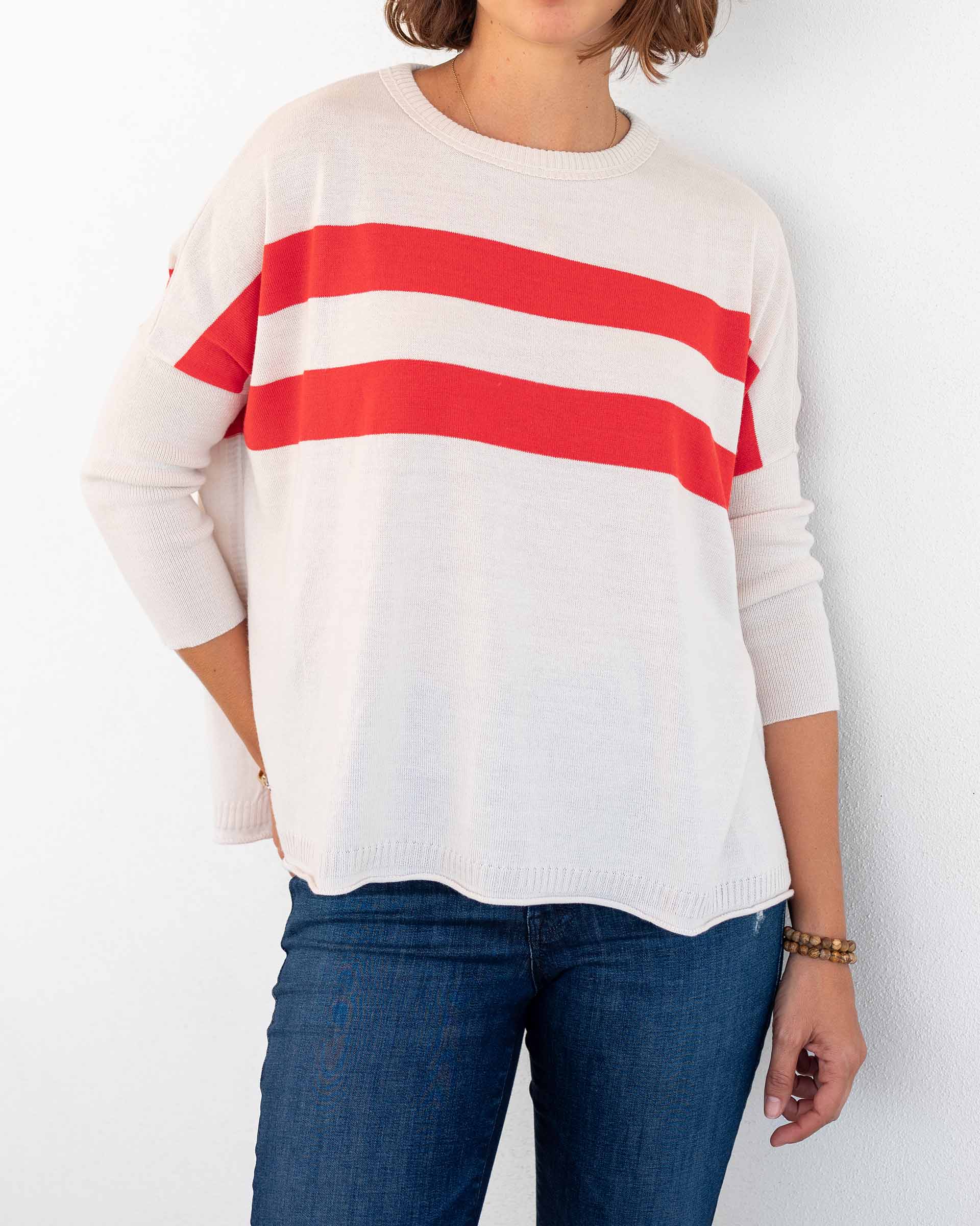 Women's Tan Red Striped Oversized Sweater