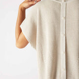 Women's One Size Tan Short Sleeve Sweater with Buttons Down Back Rear View