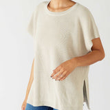 Women's One Size Tan Short Sleeve Sweater with Buttons Down Back Chest View