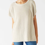 Women's One Size Tan Short Sleeve Sweater with Buttons Down Back Chest View Details