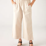 Women's Tan Wide Leg Elastic Waistband Sammie Twill Pants With Front Slant Pockets Front View