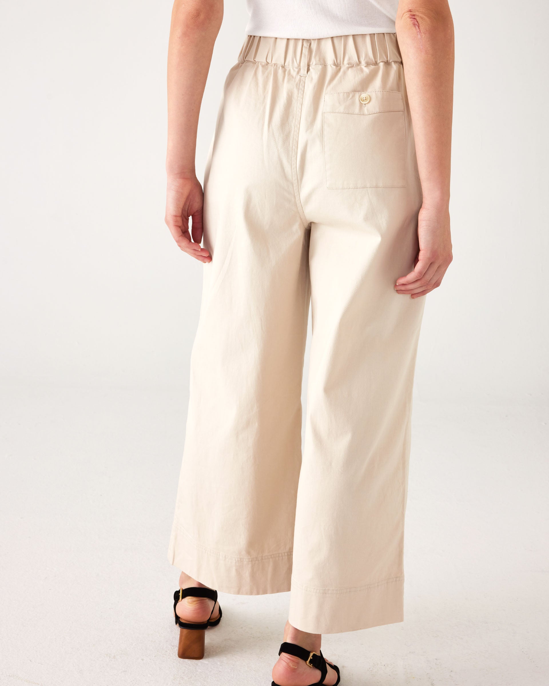 Women's Tan Wide Leg Elastic Waistband Sammie Twill Pants With Front Slant Pockets Rear View