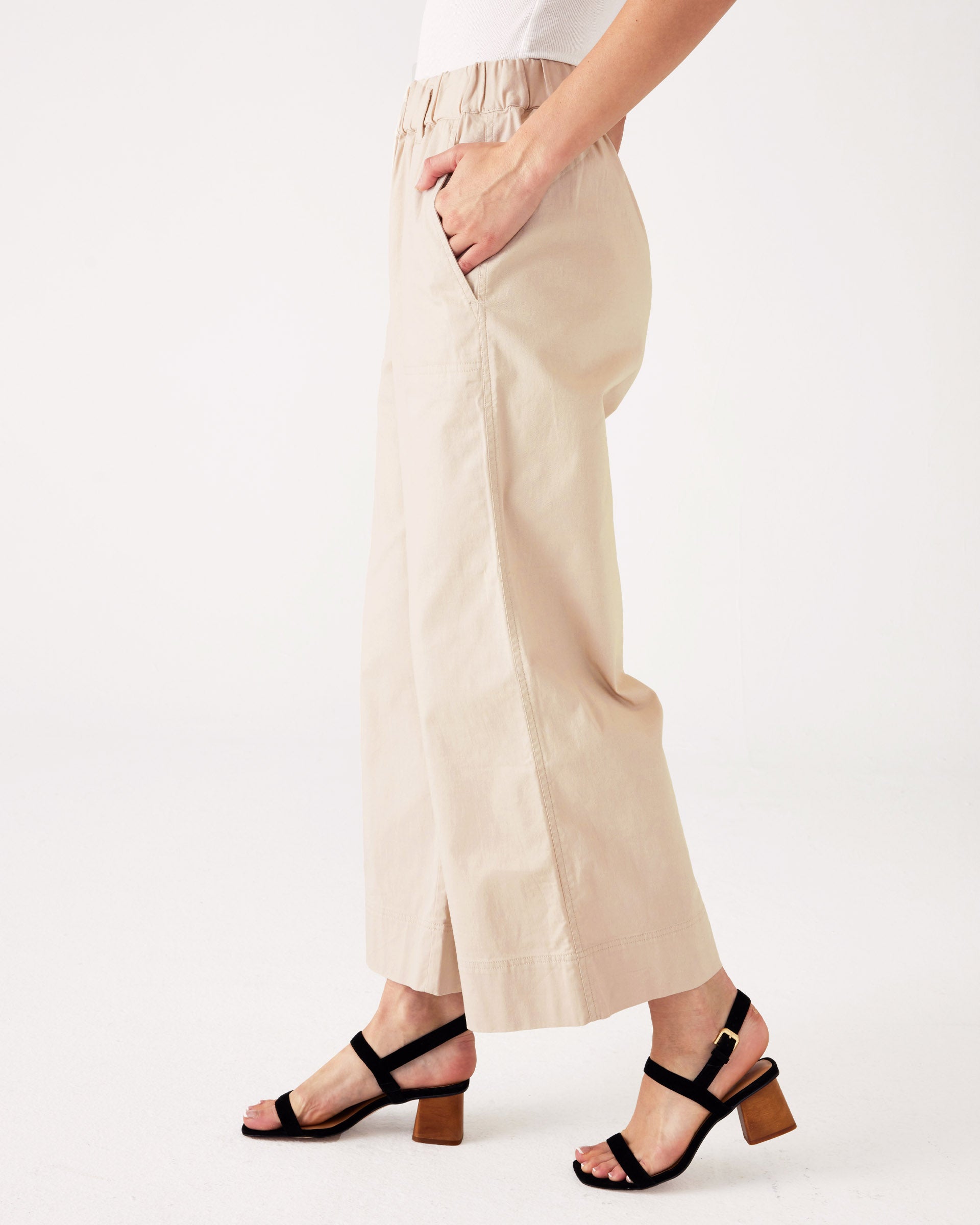 Women's Tan Wide Leg Elastic Waistband Sammie Twill Pants With Front Slant Pockets Side View