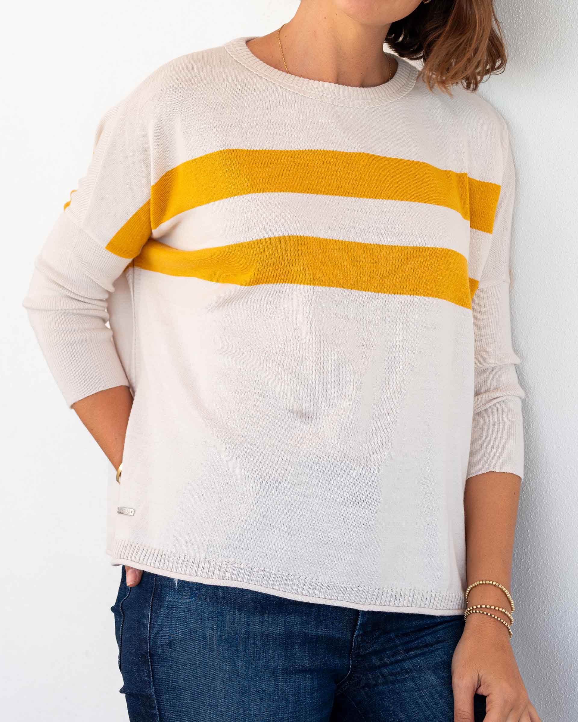 Women's Tan Yellow Striped Oversized Sweater