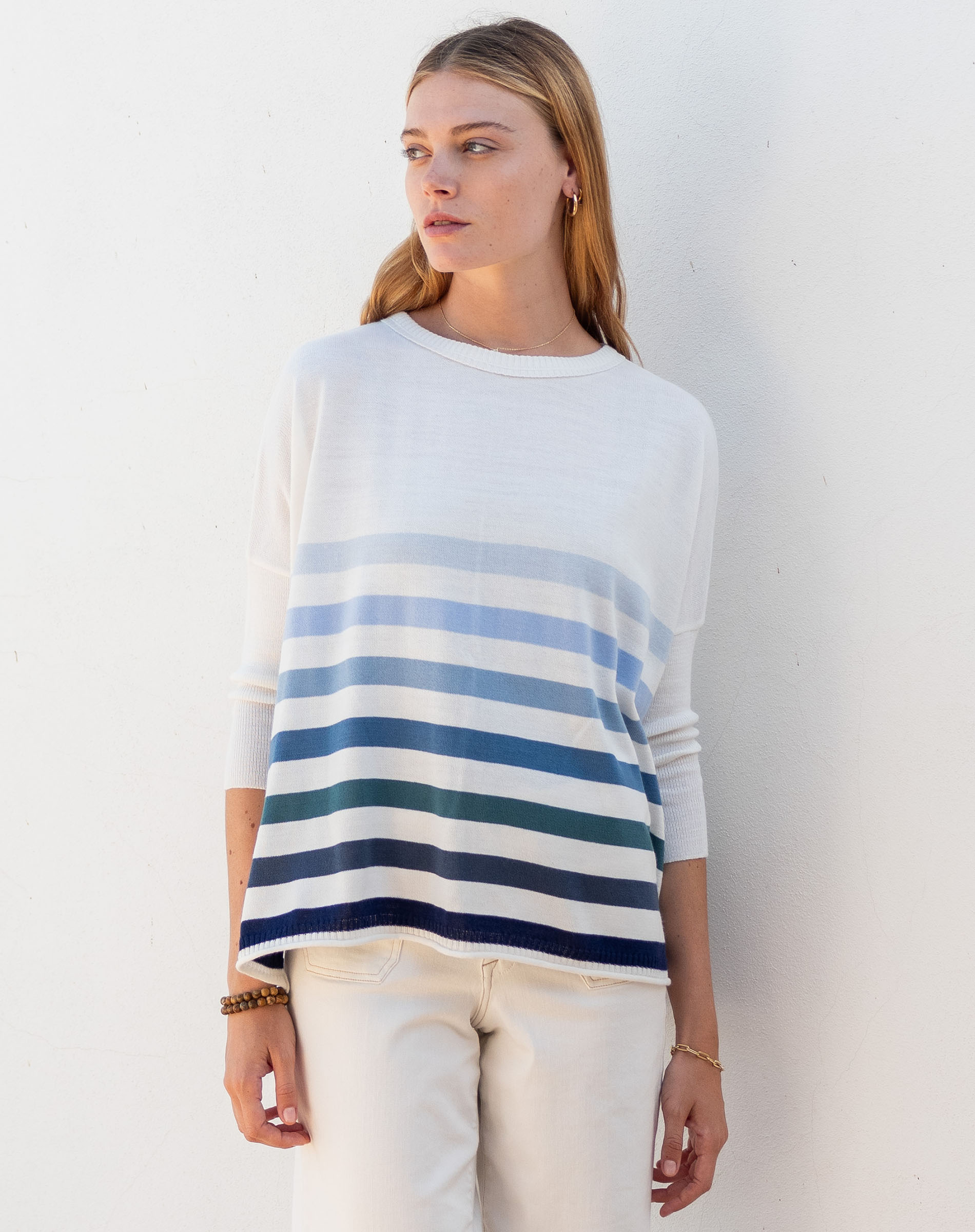 Women's White And Blue Striped Oversized Sweater
