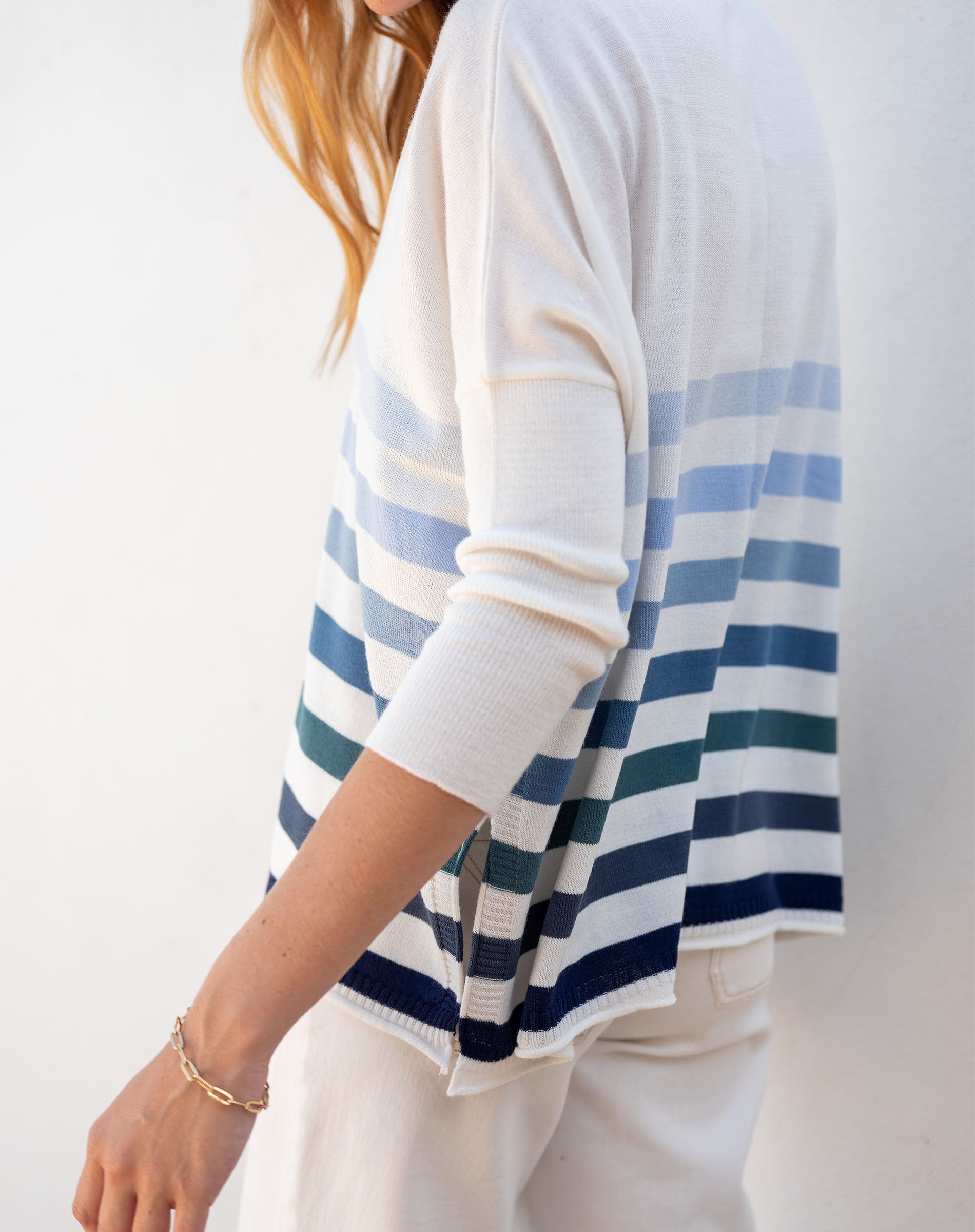 Women's White And Blue Striped Oversized Sweater