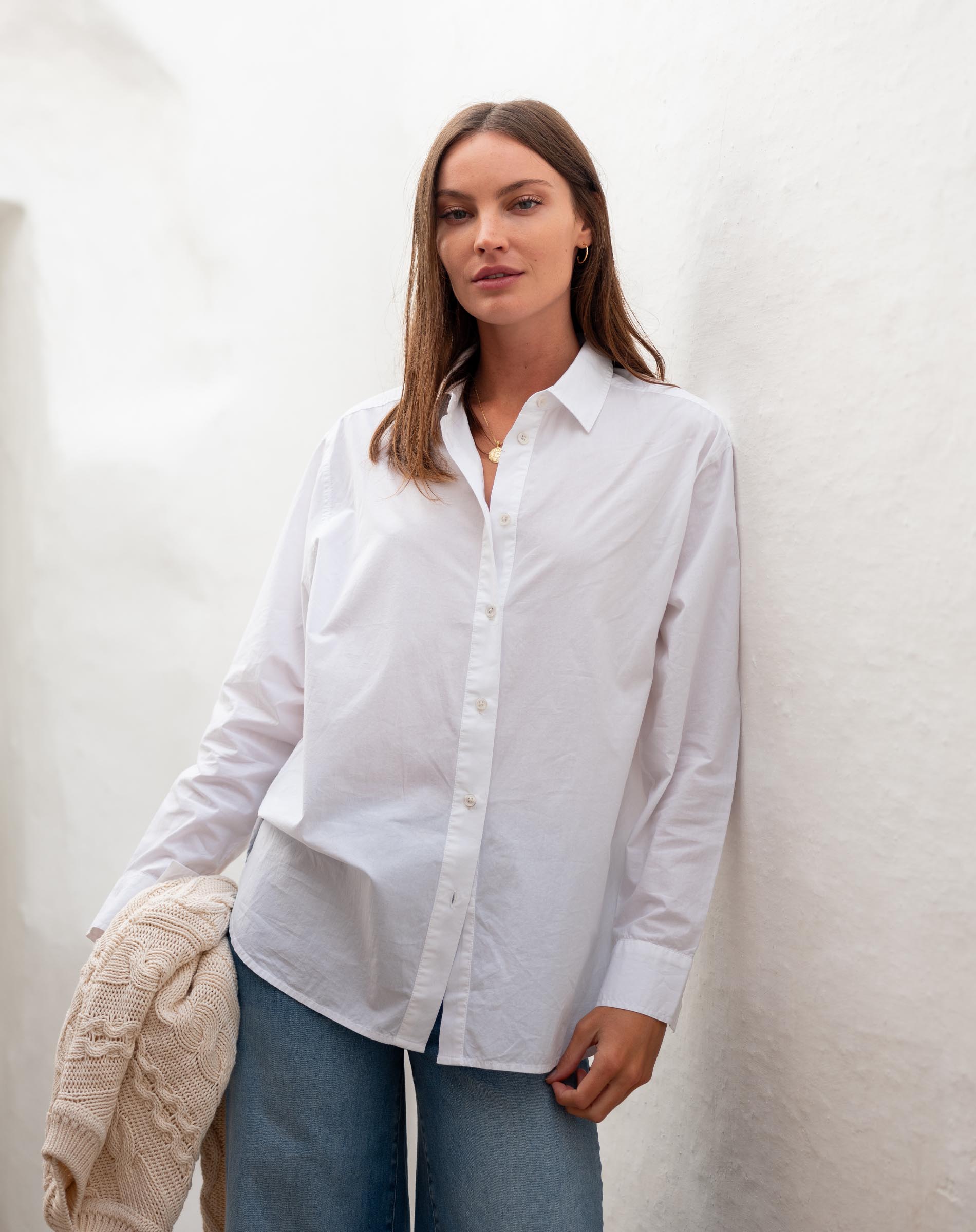 Women's White Breathable Relaxed Fit Button Up Shirt Front View Travel Destination Look