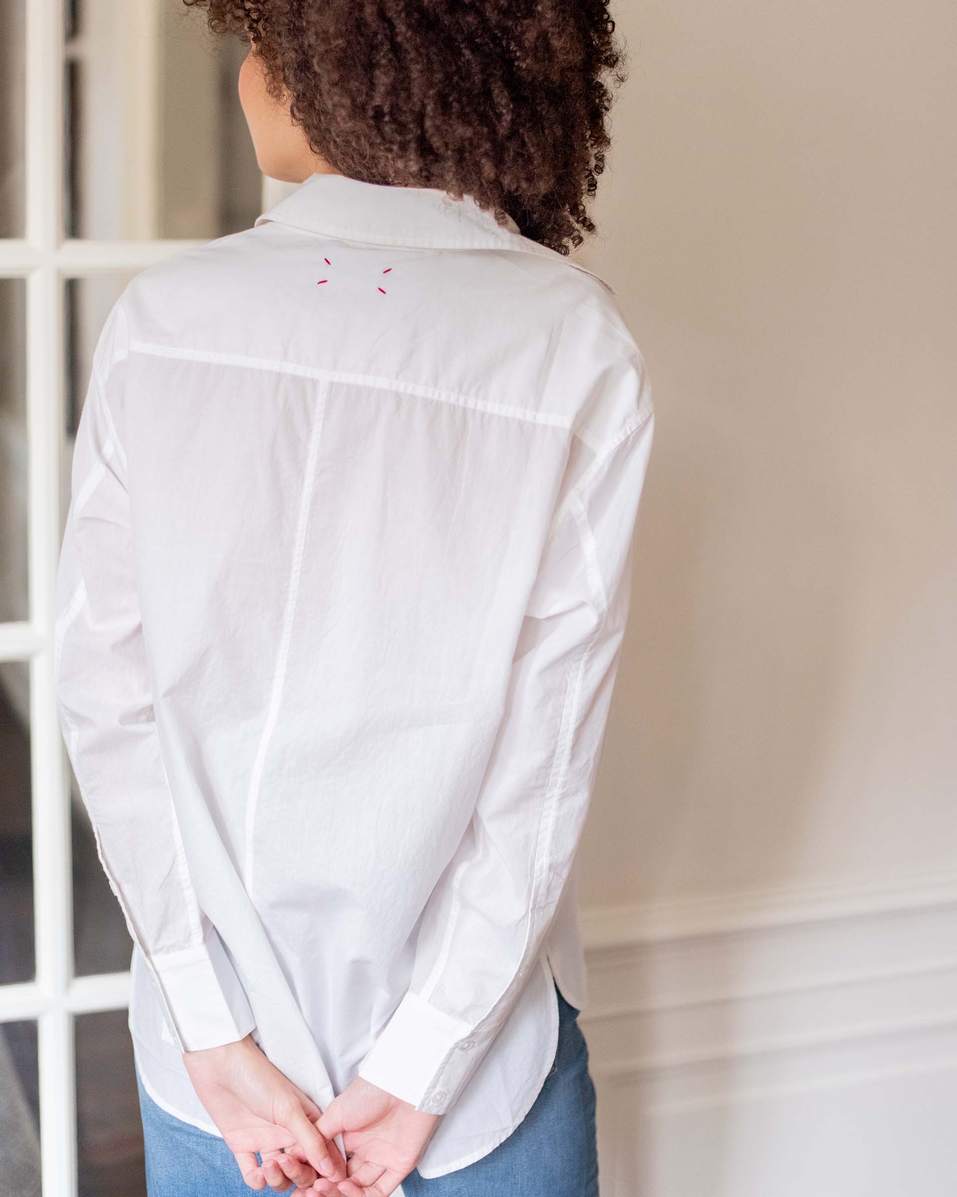 Women's White Breathable Relaxed Fit Button Up Shirt Rear View of Back