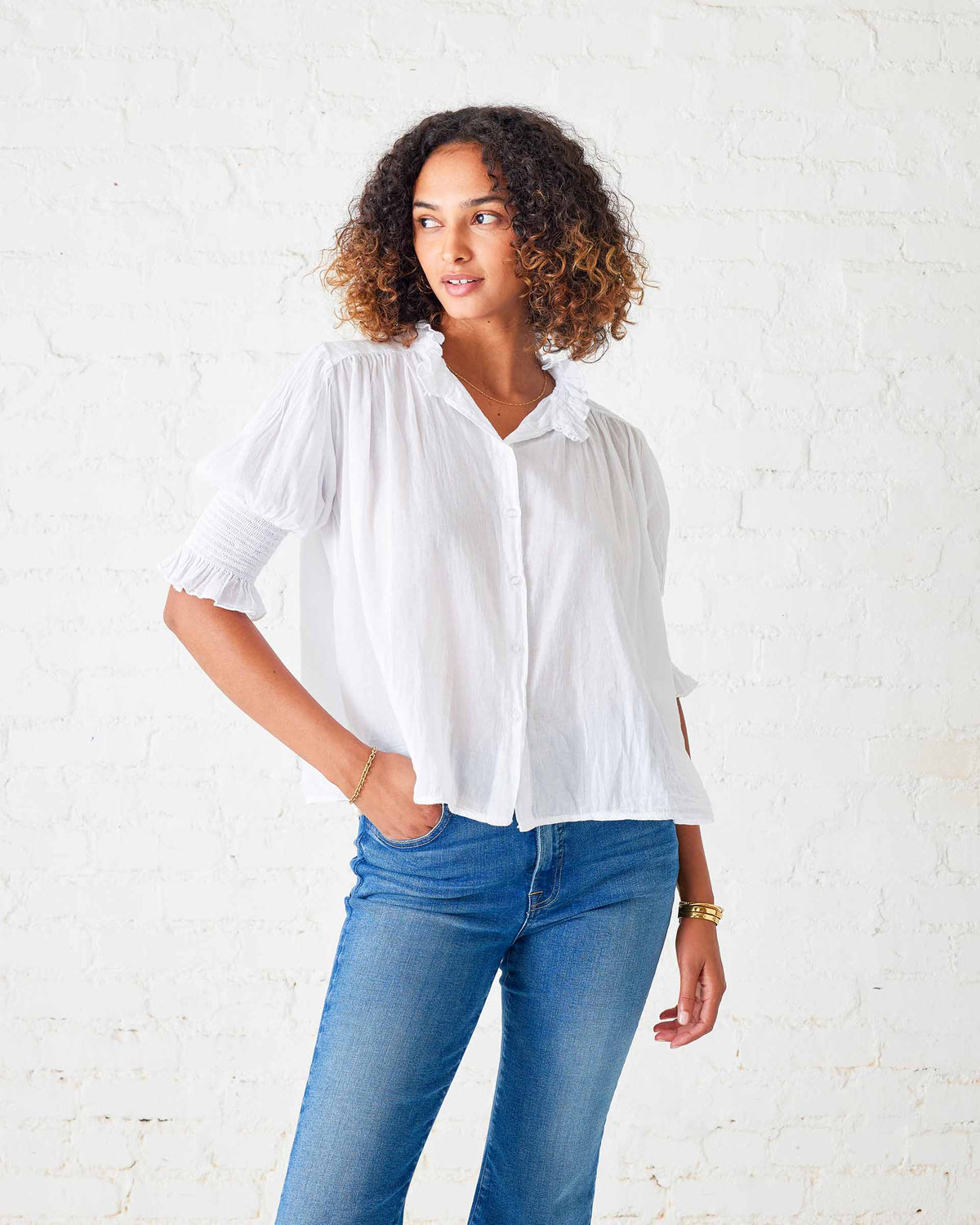 Gemma Ruffle Neck Blouse Voyageur by Mersea | Lightweight Layer 