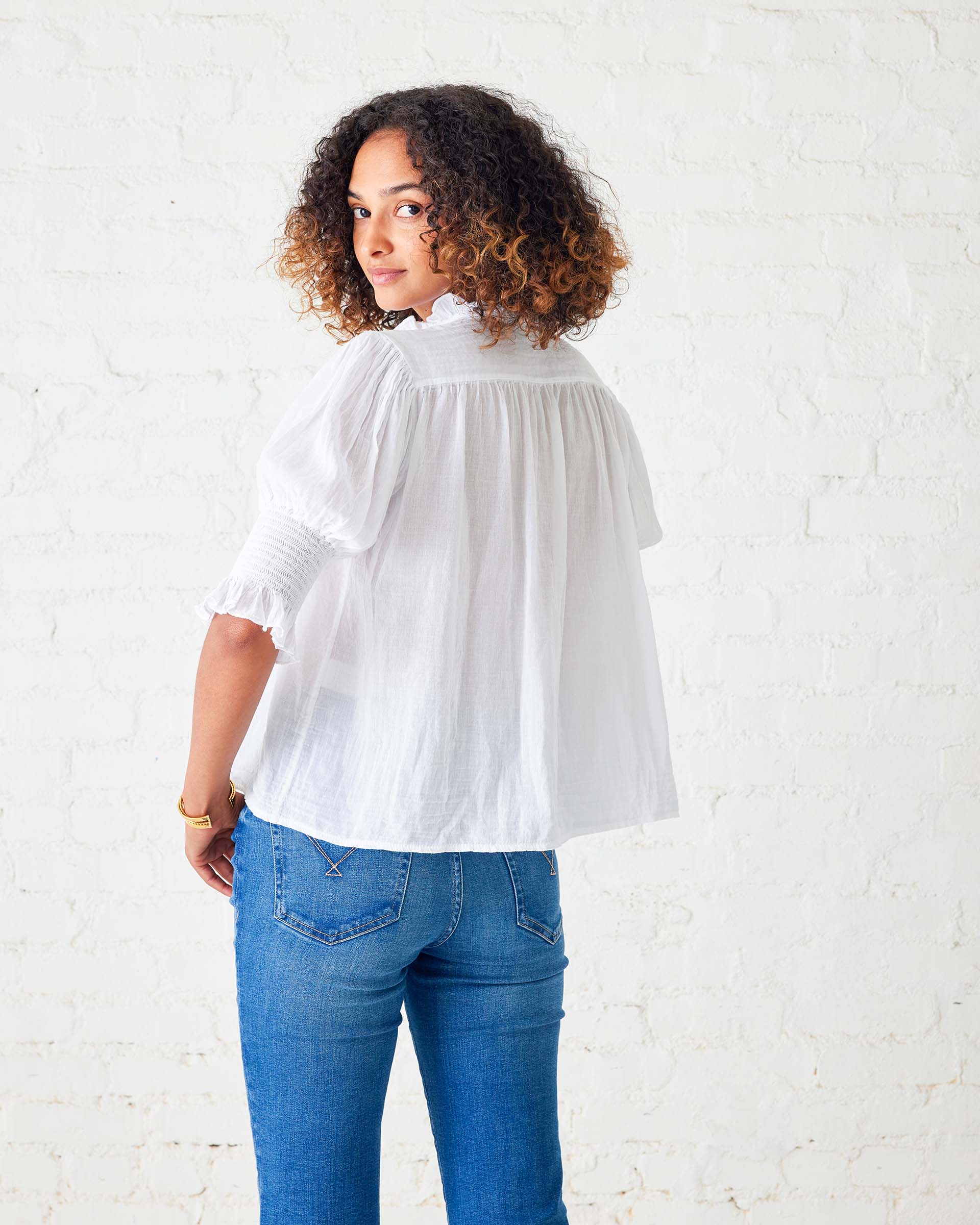 Women's White Collared Ruffle Blouse