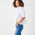 Women's White Collared Ruffle Blouse