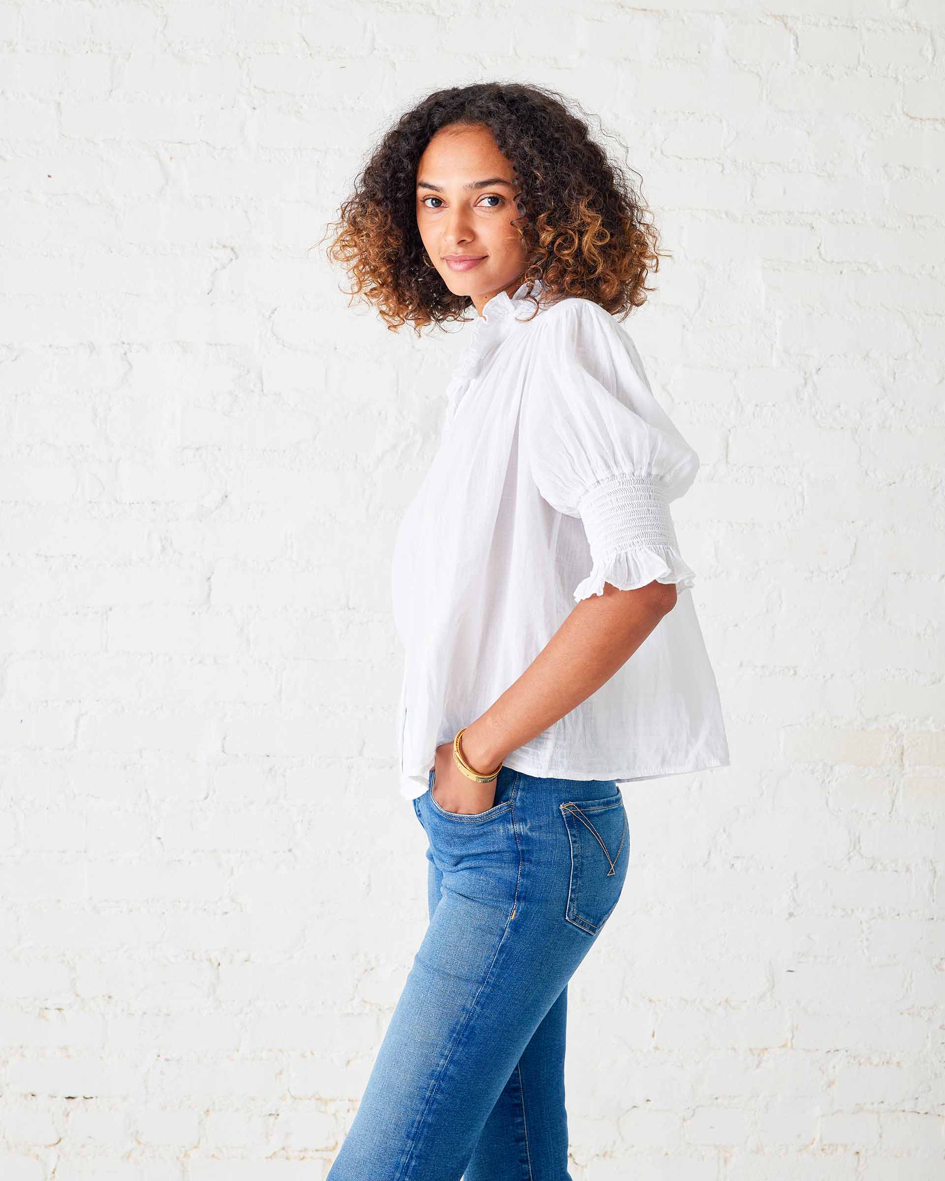 Women's White Collared Ruffle Blouse