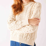 Women's White Crewneck Pullover Cableknit Sweater Font View Arms Crossed