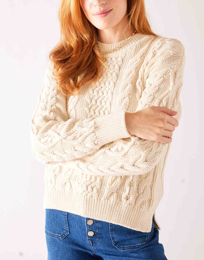 Women's White Crewneck Pullover Cableknit Sweater Font View Arms Crossed