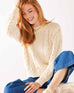 Women's White Crewneck Pullover Cableknit Sweater Font View Sitting
