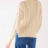 Women's White Crewneck Pullover Cableknit Sweater Rear View