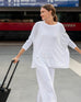 Women's Oversized Crewneck Knit Sweater in White Travel Outfit