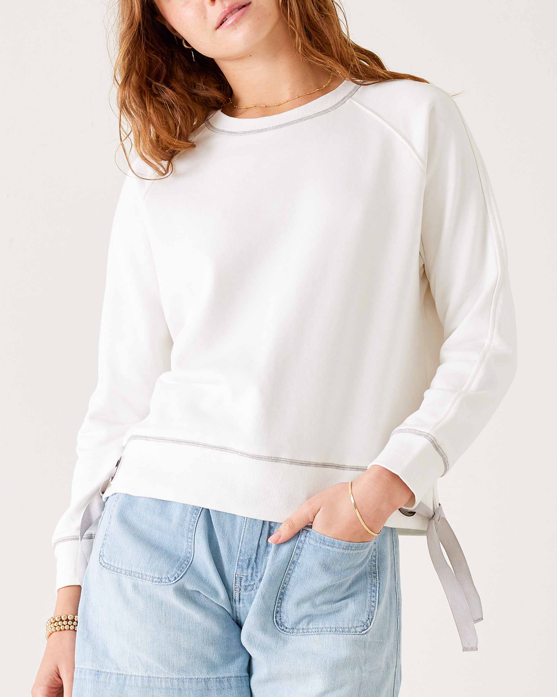 Women's White Crewneck Sweatshirt with Adjustable Ribbon Ties