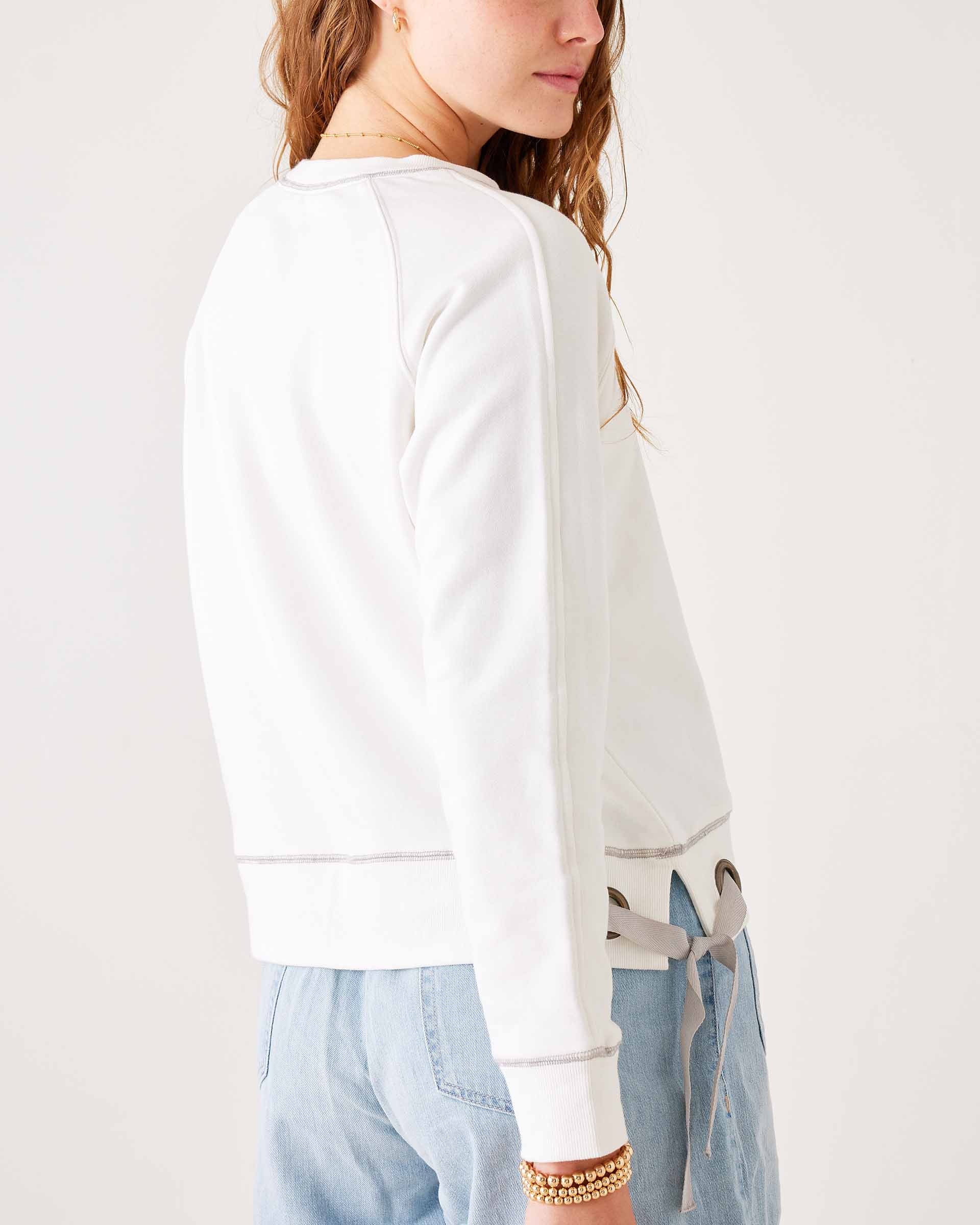 Women's White Crewneck Sweatshirt with Adjustable Ribbon Ties