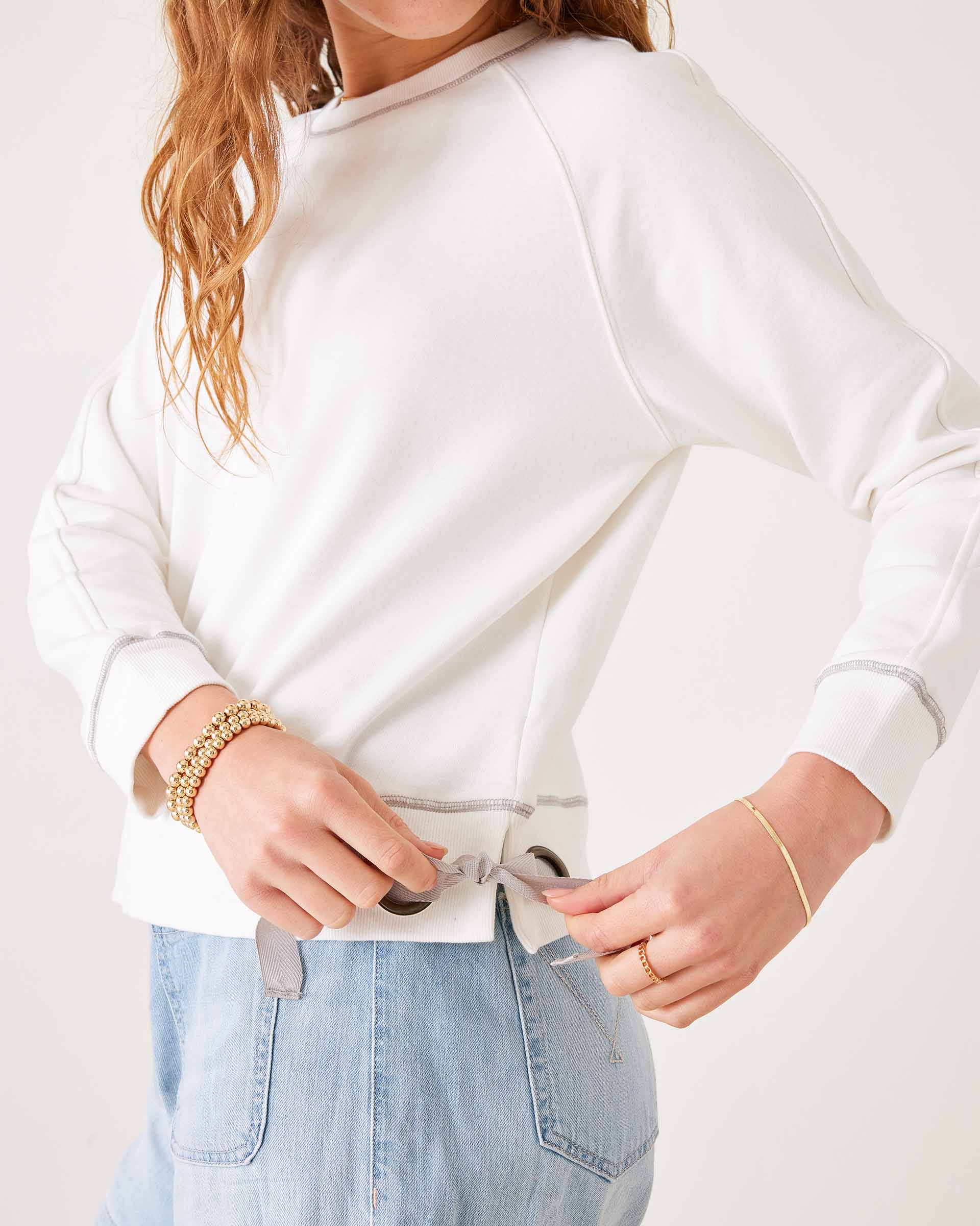 Women's White Crewneck Sweatshirt with Adjustable Ribbon Ties