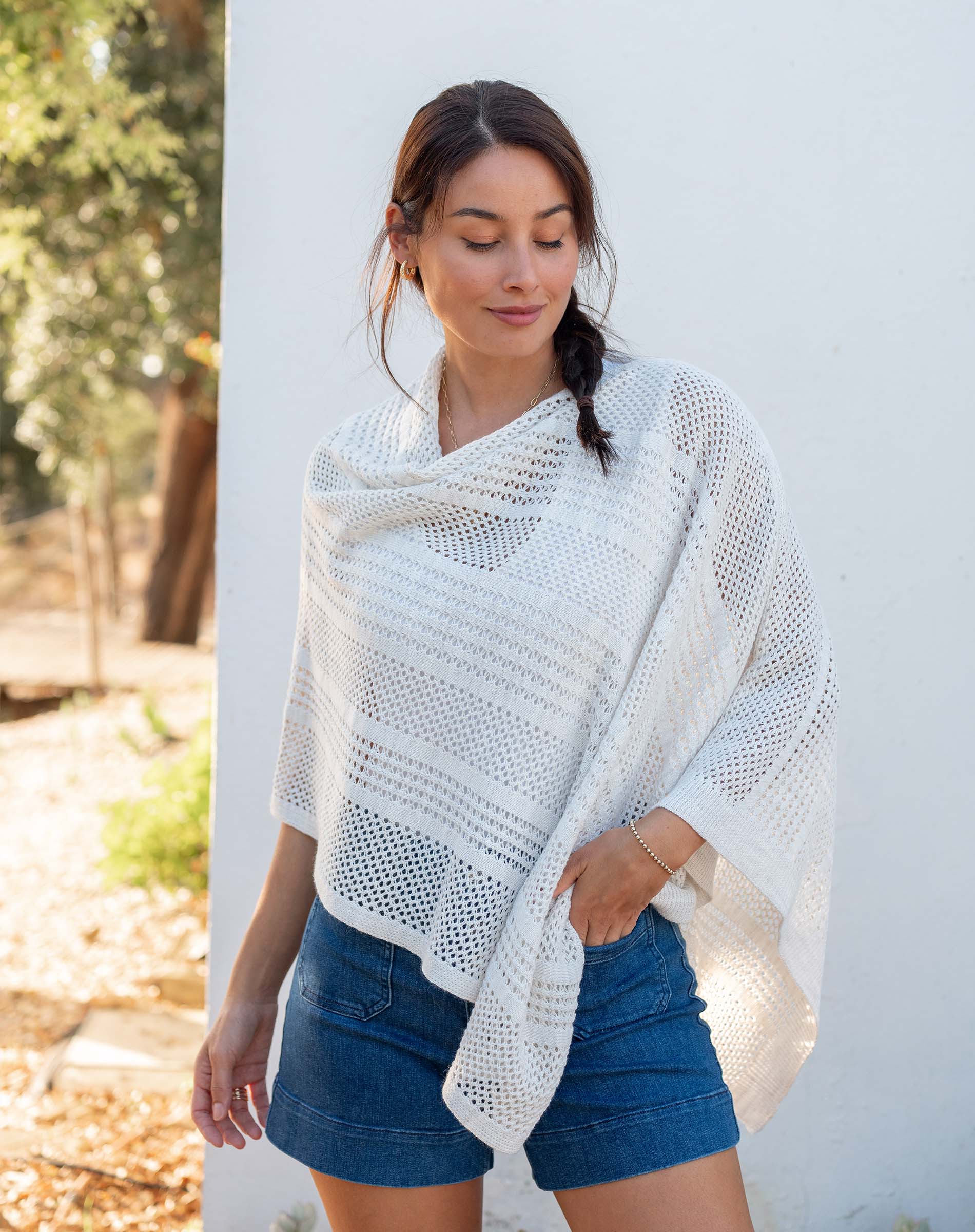 Women's White Crochet Poncho