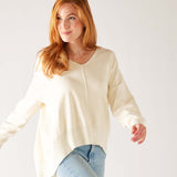 Women's White Everyday High Low Waist Jersey Knit Pullover V-neck Toujour Sweater Front View 