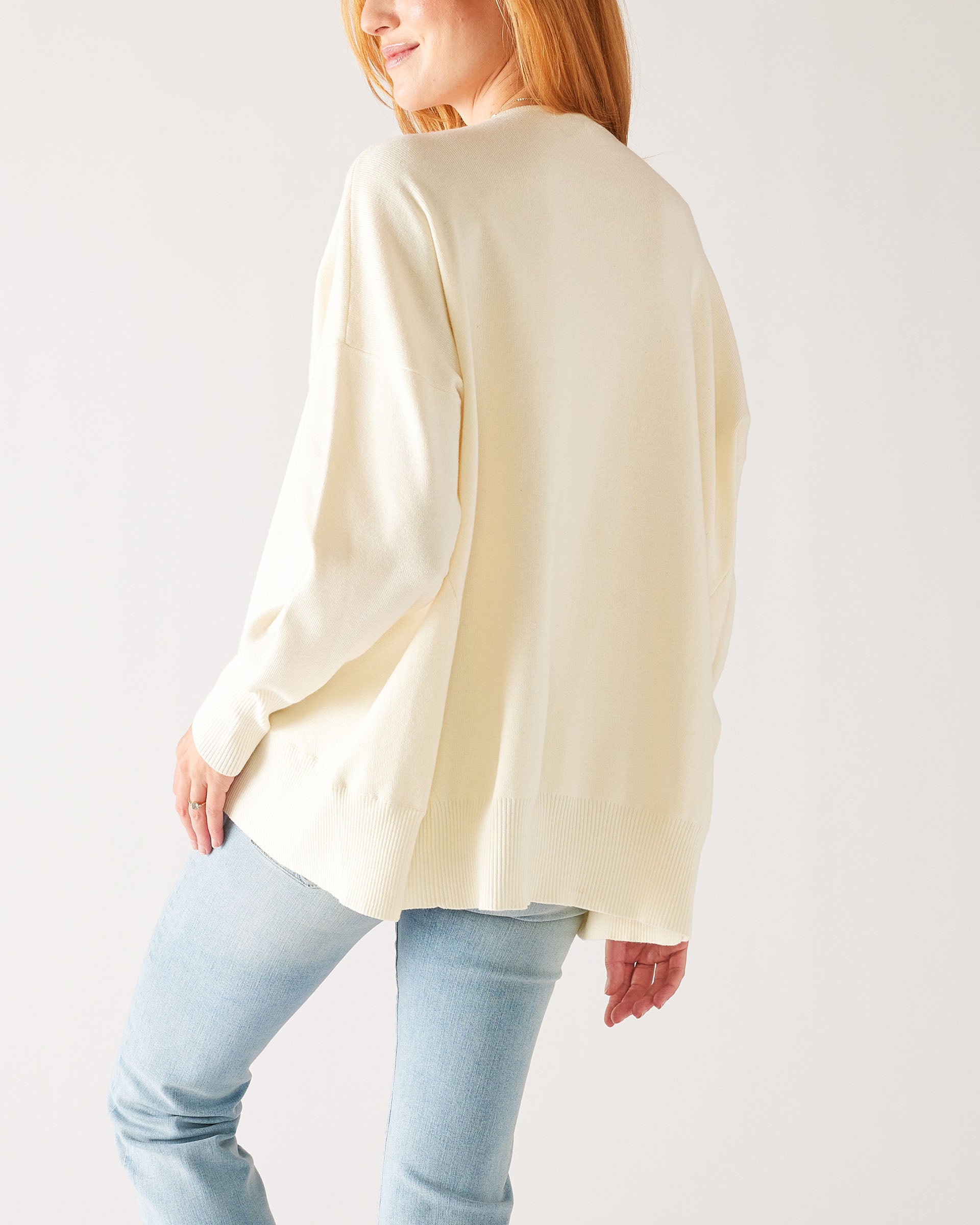 Women's White Everyday High Low Waist Jersey Knit Pullover V-neck Toujour Sweater Rear View