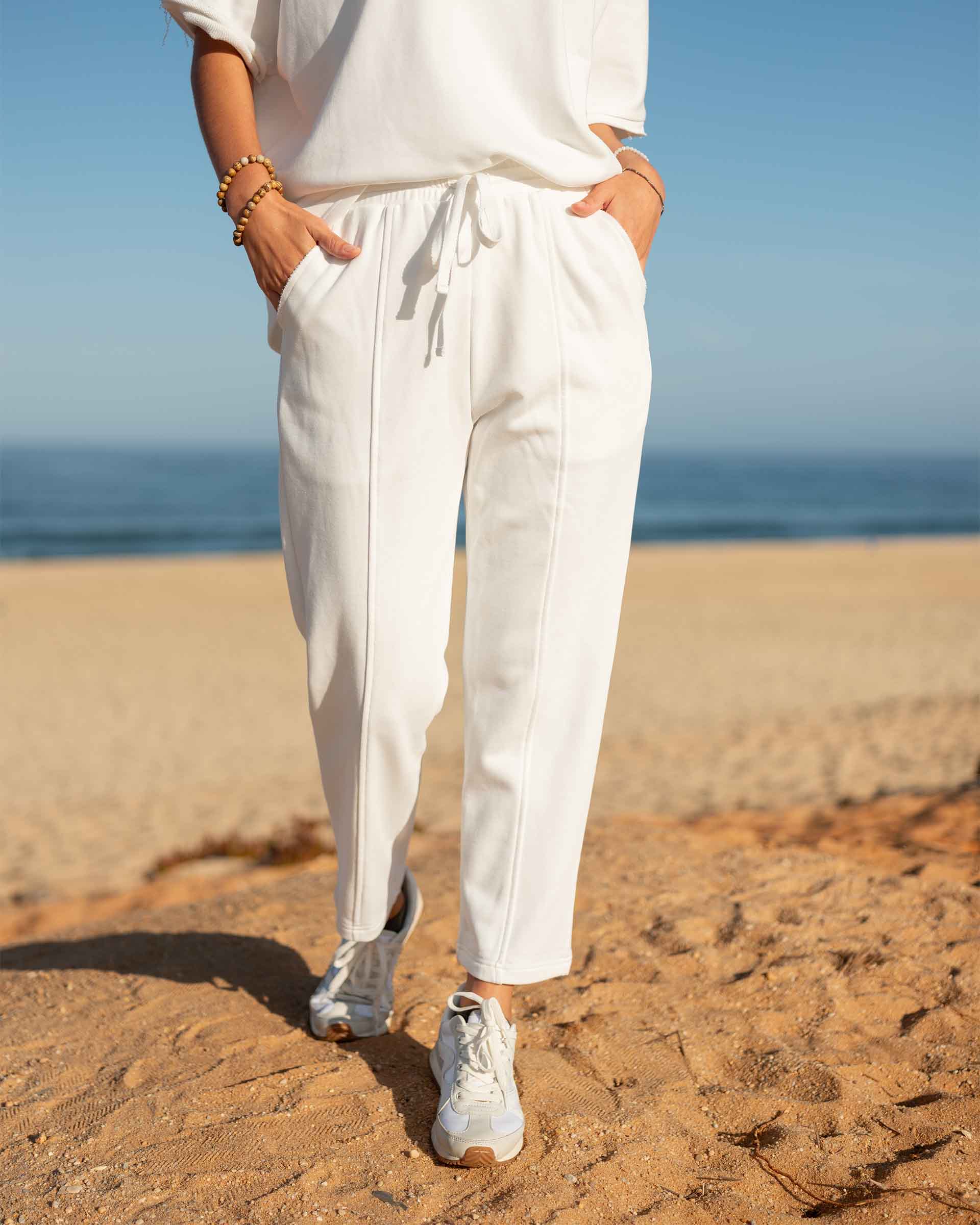 Women's White French Terry Jogger With Drawstring