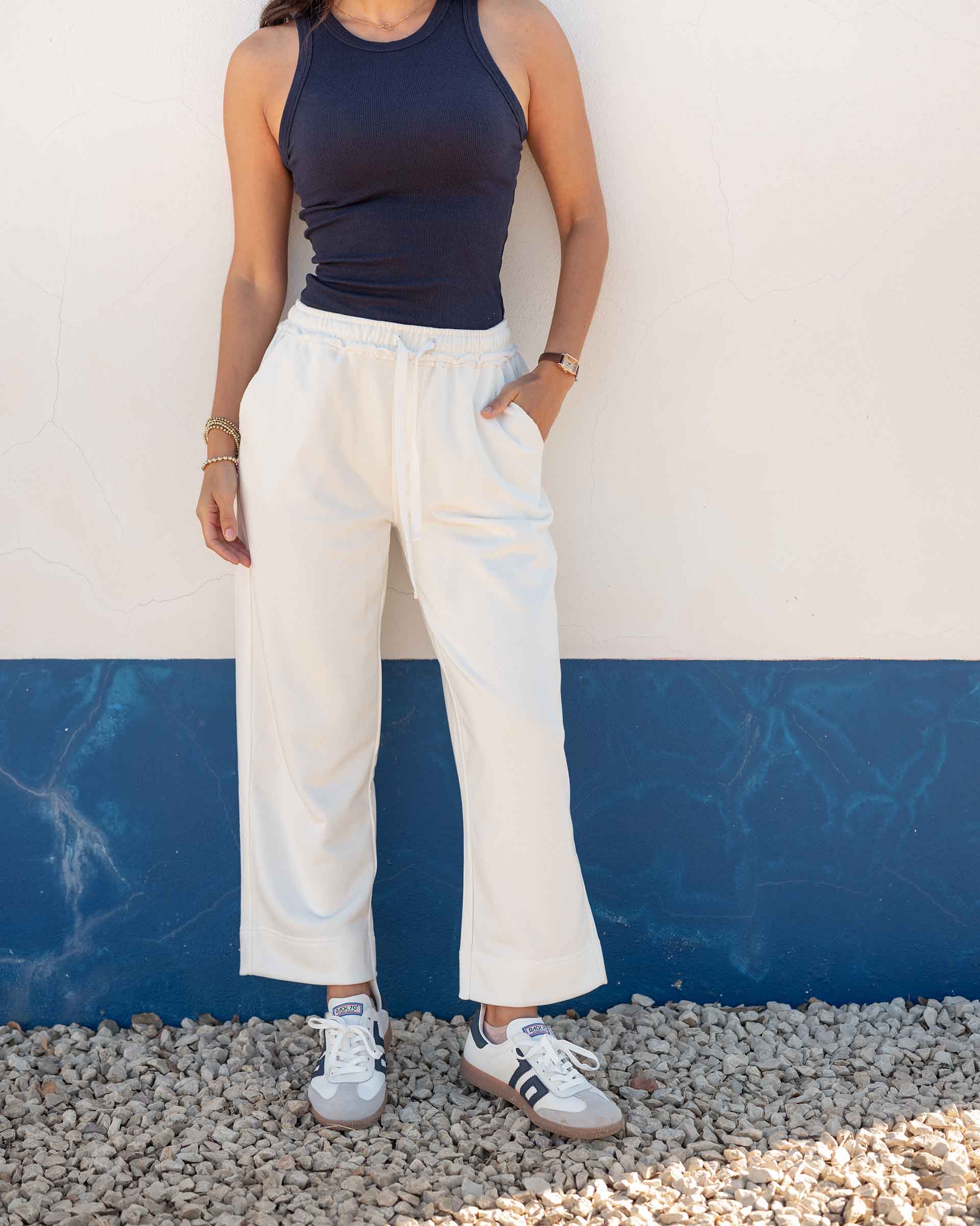 Women's White Terry Wide Leg Sweatpant