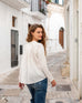 Women's White Front Pocket Pleated Back Crew Neck Long Sleeve Tee Rear View Travel Destination Looking Back Over Shoulder