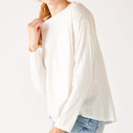 Women's White Front Pocket Pleated Back Crew Neck Long Sleeve Tee Side View Neck Detail