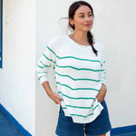 Women's Midweight Oversized White Green Striped Sweater with Button Details