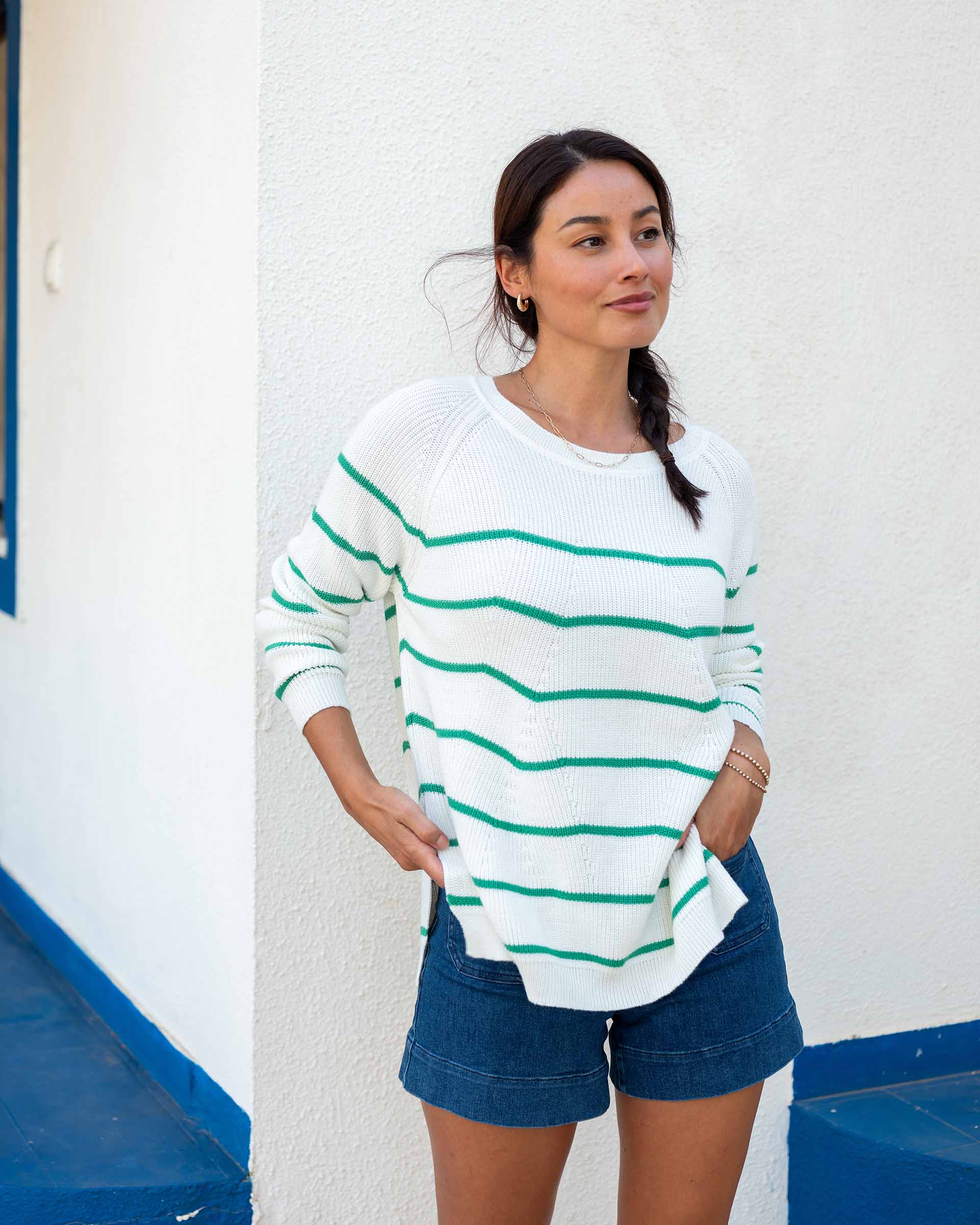 Women's Midweight Oversized White Green Striped Sweater with Button Details