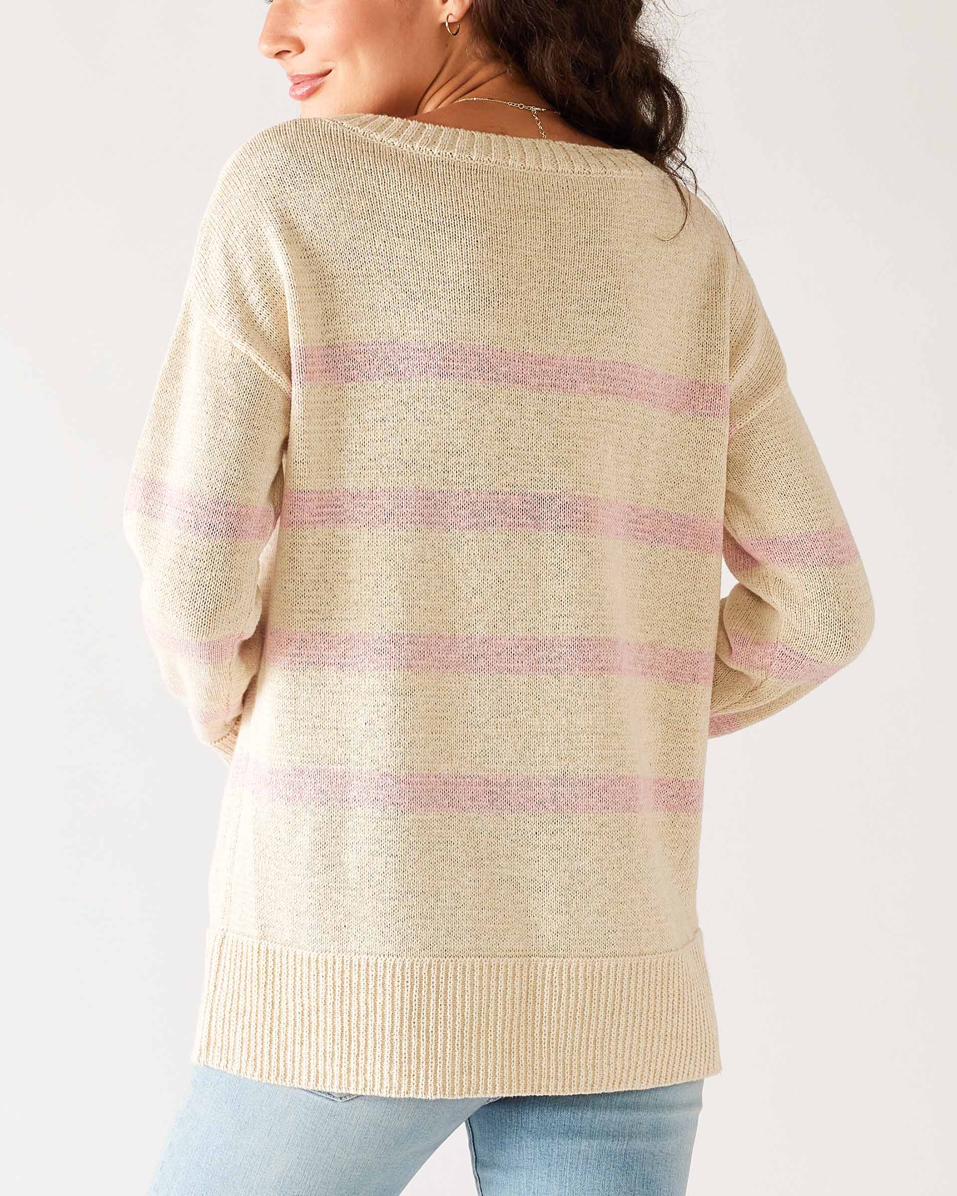Women's White Heather with Light Pink Striped Lightwieght Crewneck Seasider Sweater Rear View