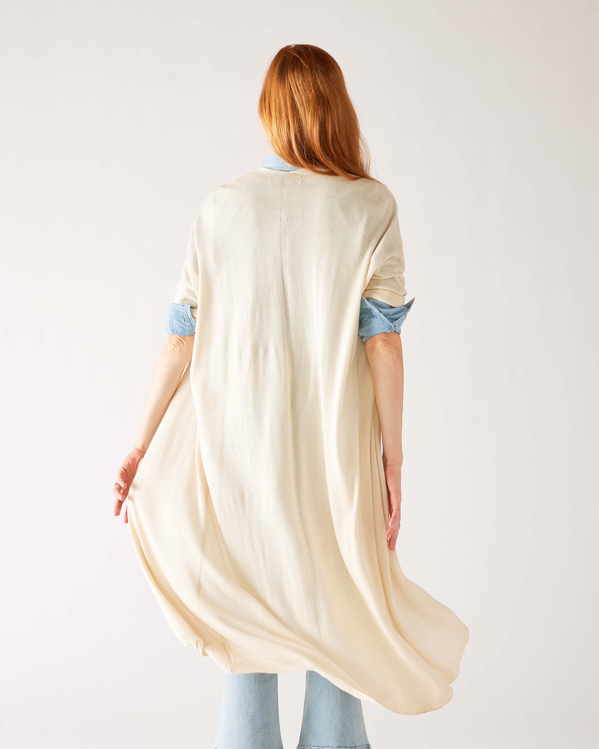 Womens White Lightweight Cuffed Elbow Length Sleeves Duster Flowing Rear View